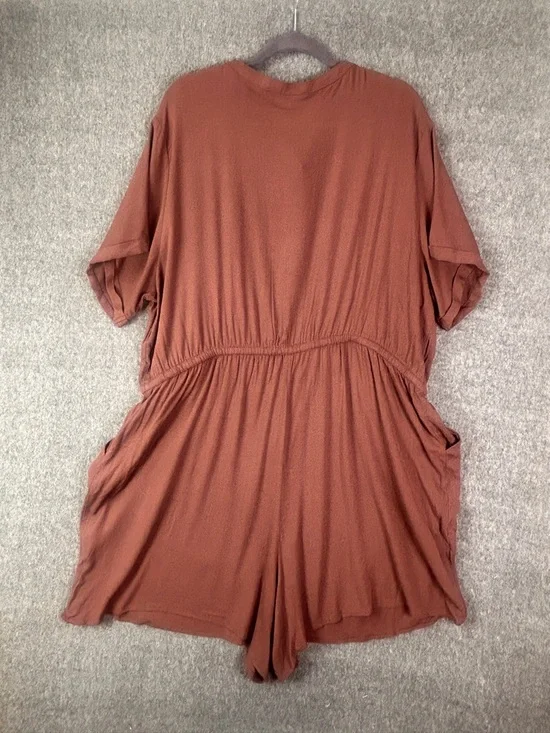 Torrid Romper Womens 3X Brown Rayon Slub Button Front V-Neck Tie Waist Pockets - Picture 16 of 16